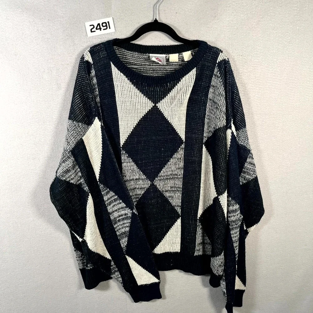 Vintage 1990s Peter Jon Sweater Womens 2X Blue White Chunky Knit Argyle‎ Grandpa